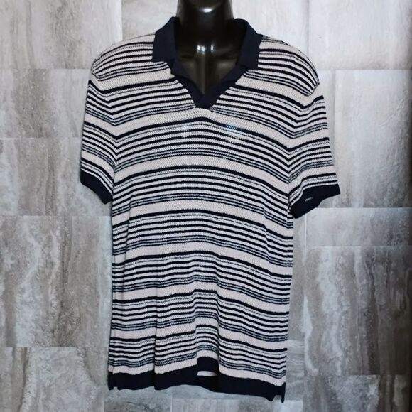 Striped Knit Linen-Blend Short Sleeve Sweater Polo Men's Size Large - Picture 9 of 9
